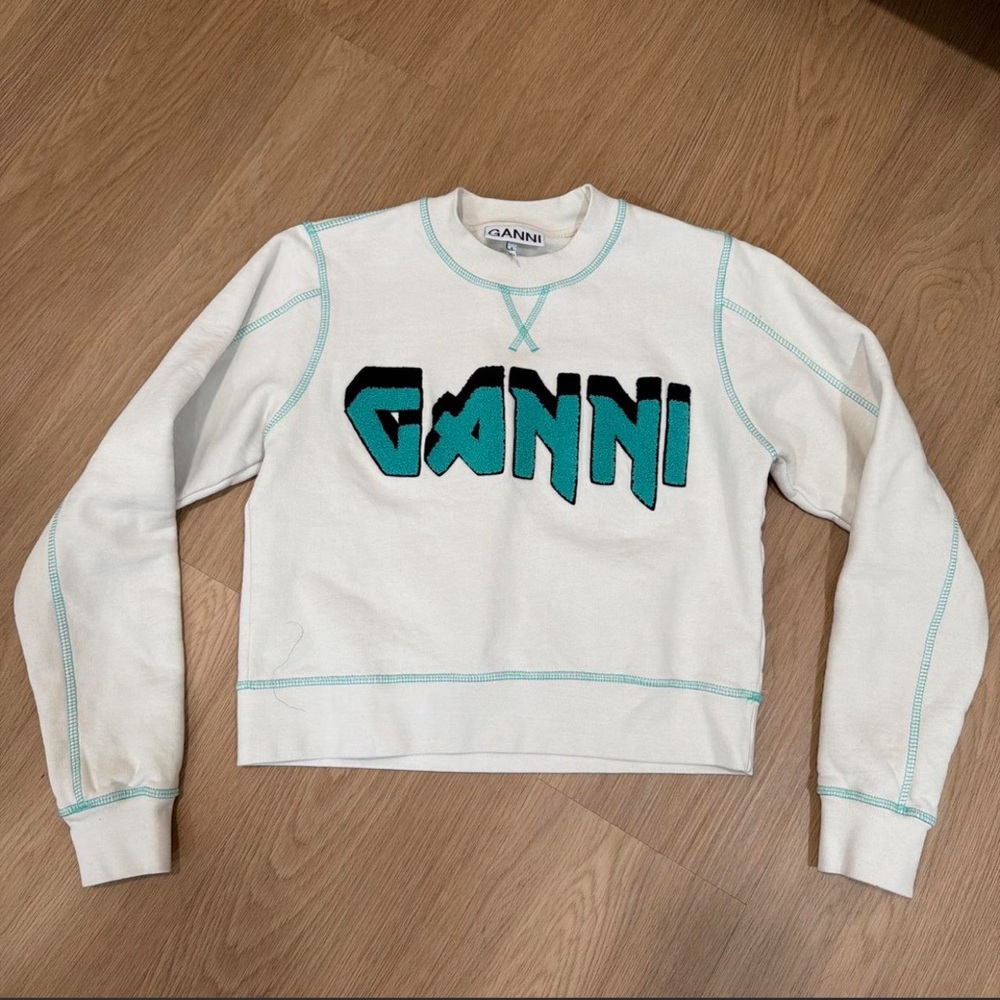 Ganni Cream Sweatshirt with Teal Details